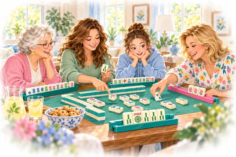 邻居朋友把三张一样的牌亮在牌架上，妈妈手上拿着真牌，指着另一组亮牌里的百搭准备换回来