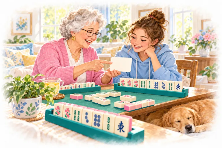 奶奶坐在孙女旁边，指着牌架旁一张空白的牌卡讲解，狗狗在脚边睡觉